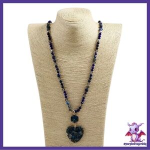 Bohemian Blue Natural Stone Heart Pendant & Beaded Opera Length Chain